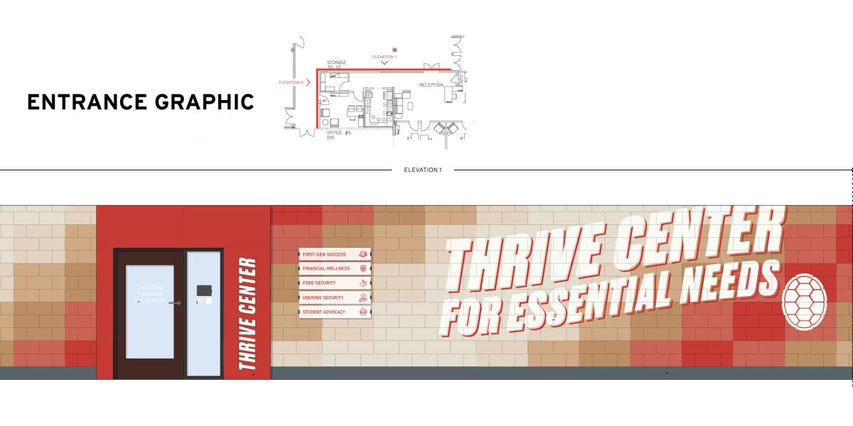Rendering of Thrive Center hallway entrance featuring blocks of color and Thrive Center for Essential Needs mural